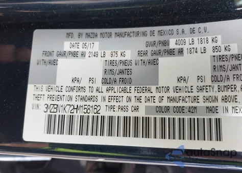 2017 Mazda Mazda3 Sport z USA, uszkodzony, nr VIN 3MZBN1K72HM158162